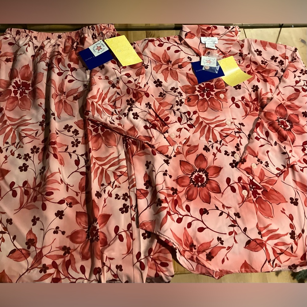 NWT Susan Graver Floral Pink Floral Button Up Top & Max Skirt Set Size Large